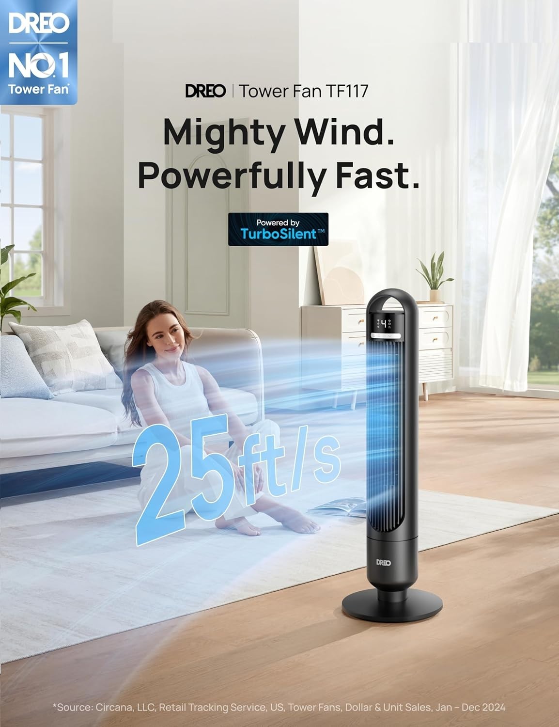 Black 25ft Tower Fan Silent 28dB 90° Oscillating LED Display Remote Timer 6Speed