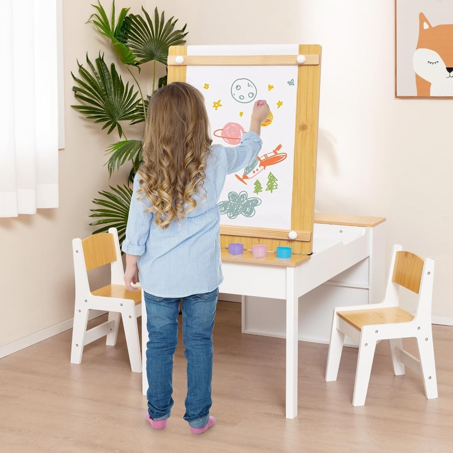 Kids Art Table & Chairs Set with Storage, Paper Roll & 6 Paint Cups 109cm
