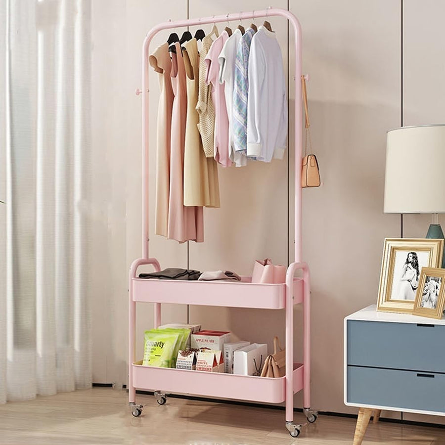 Heavy Duty Clothes Rack 2 Tier Shelves Metal Rail with Wheels Pink