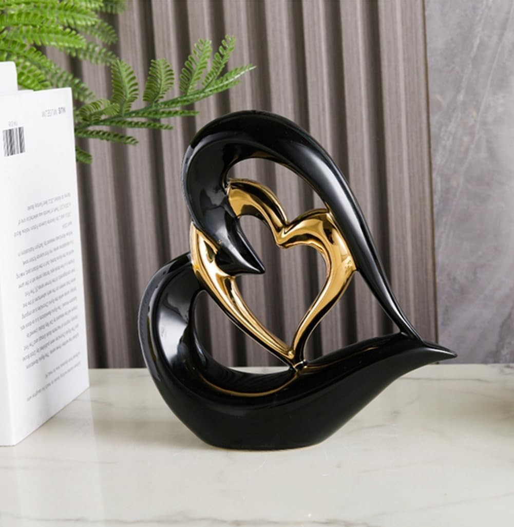Luxury Double Heart Ceramic Ornament • Black & Gold Modern Home Decor Gift