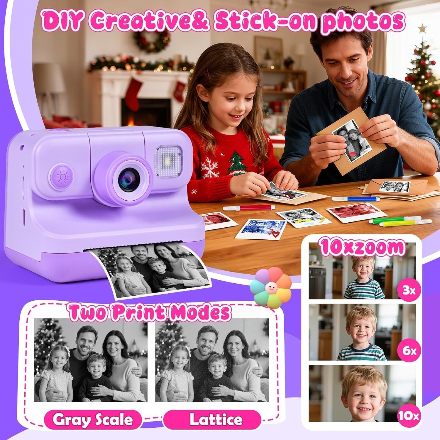 Kids Instant Print Camera 30MP 32GB Card 4 Paper Rolls Purple Kit