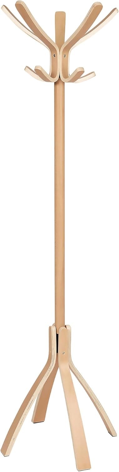 Light Wood Freestanding Coat Rack 8 Hooks Modern Hall Tree Stand for Entryway