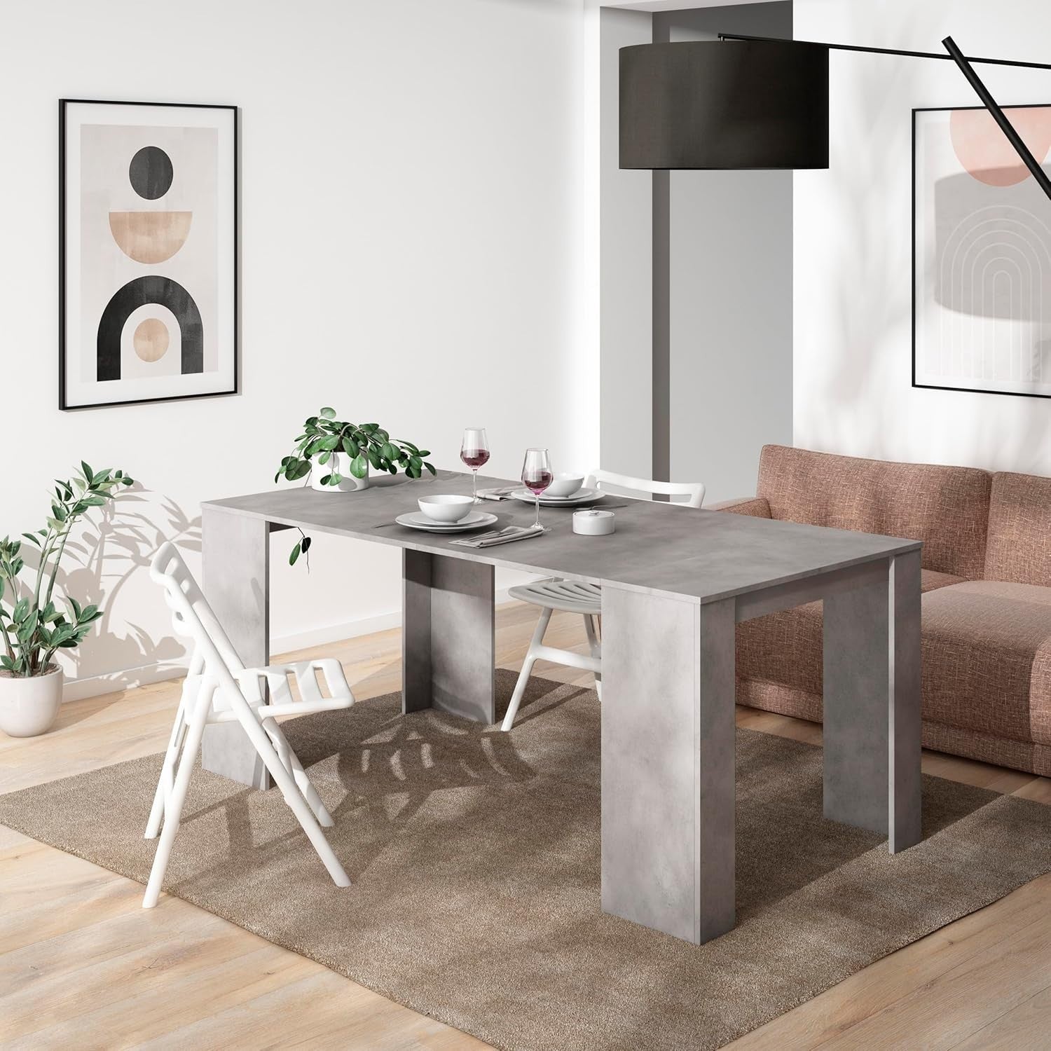 Extendable Folding Dining Table Console for 8 in Modern Concrete Finish