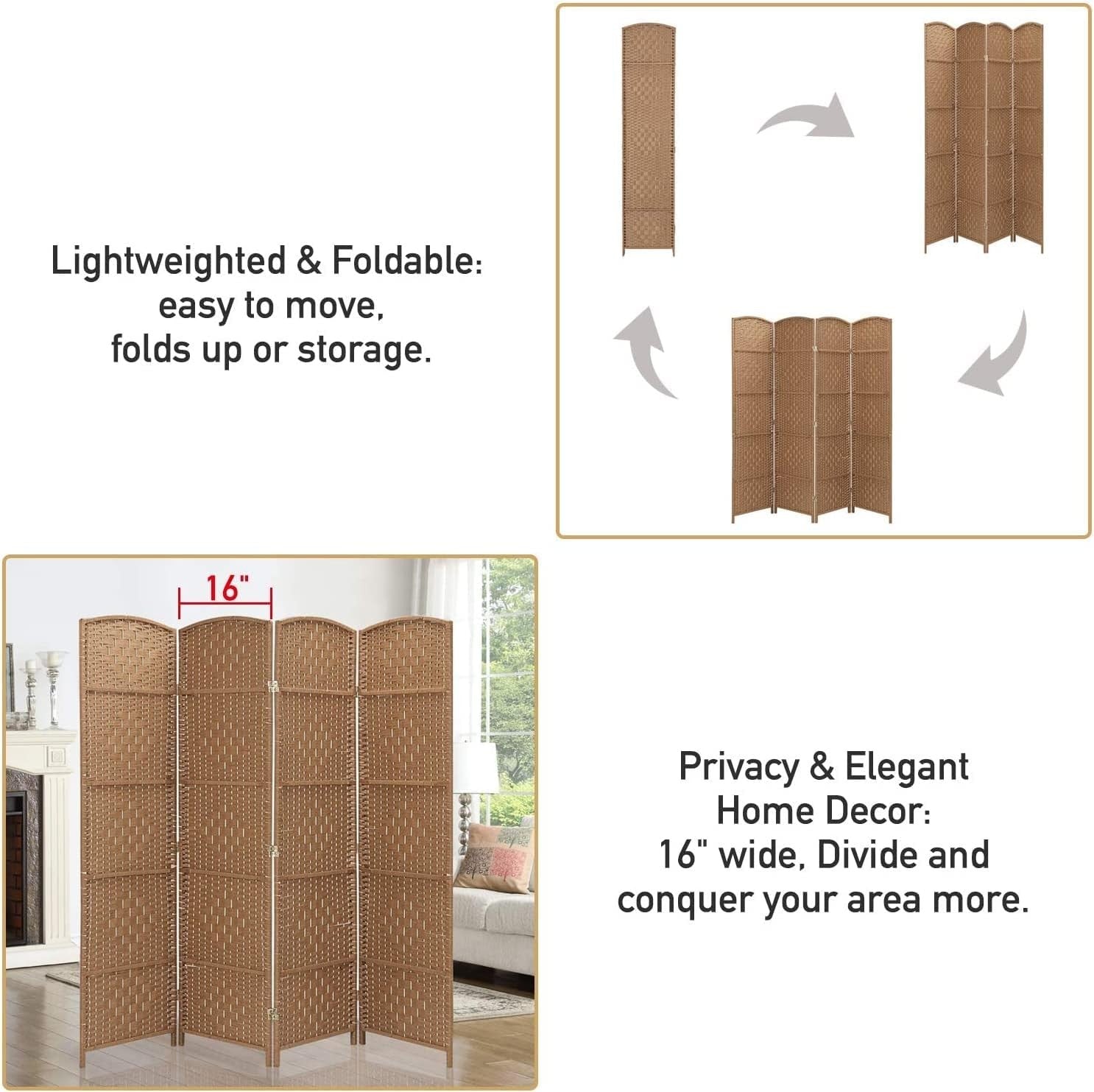 8 Panel Natural Wicker Folding Room Divider Extra Wide Handwoven Screen 180cm