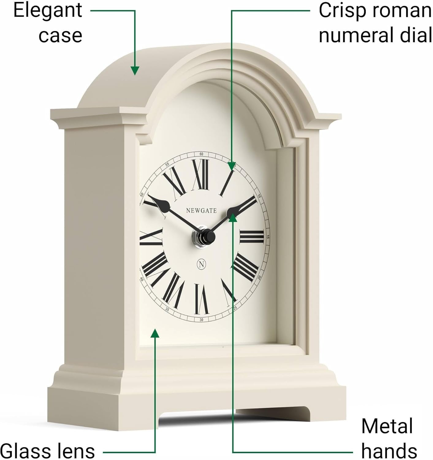 Mantel Clock Classic Arch Roman Numerals Silent Desk Shelf Vanilla Cream