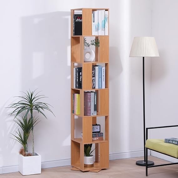 Rotating 6-Tier Tall Bookshelf Slim Corner Display Storage Rack Beech Wood