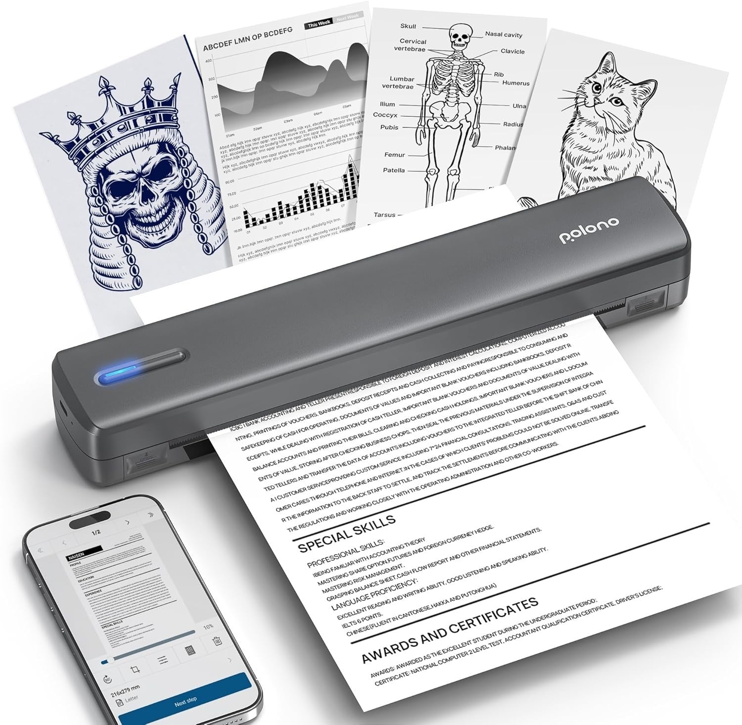 Portable Wireless A4 Thermal Printer Bluetooth Inkless Grey Travel Office