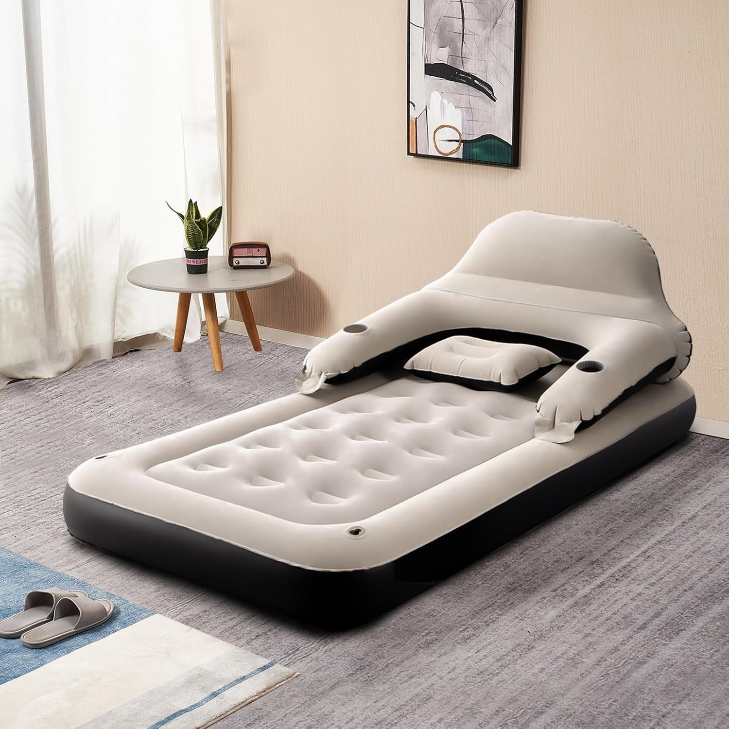 Twin Inflatable Air Mattress Sofa Bed with Headrest, Pillow & Cup Holders
