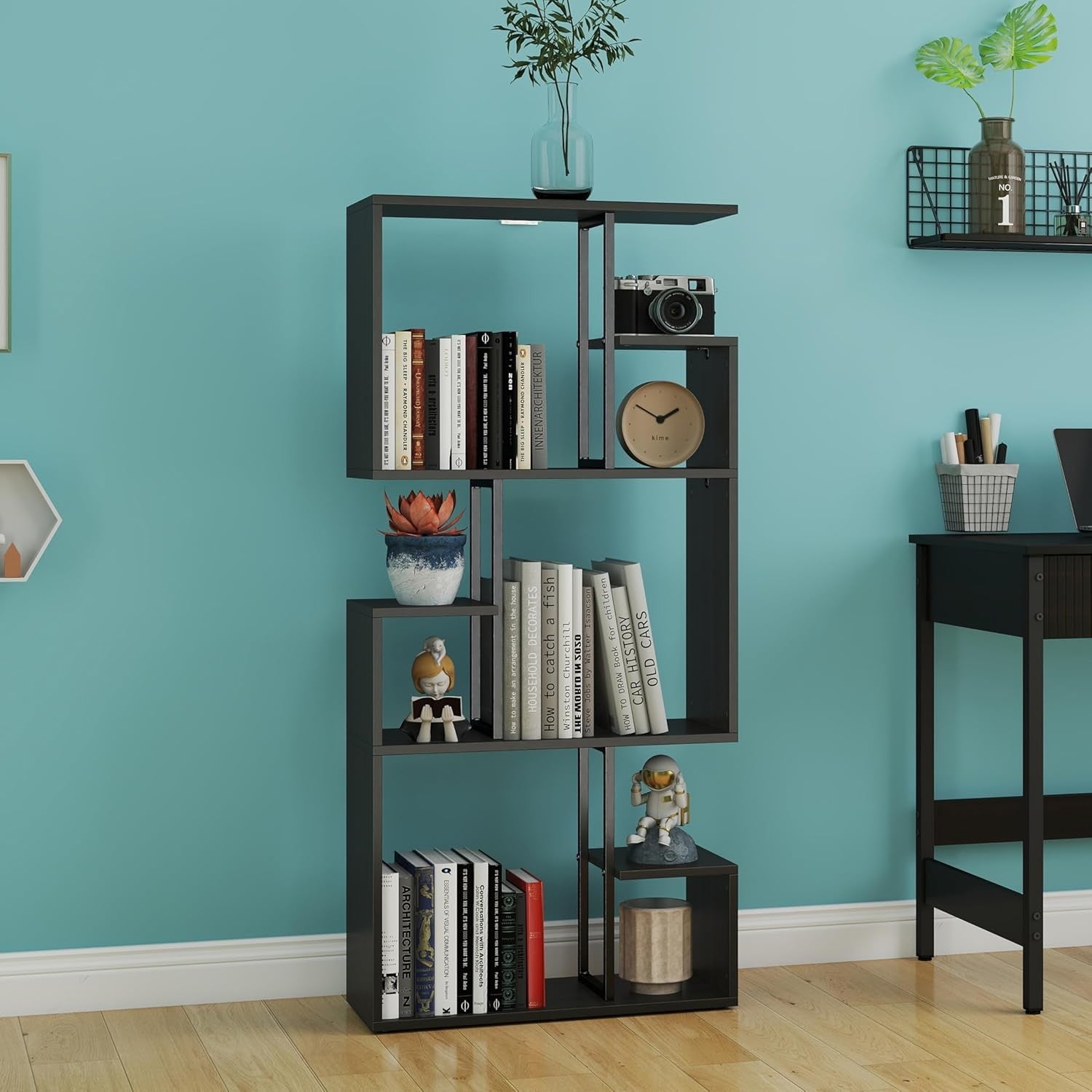 Modern 3-Tier Slim Bookcase Room Divider, Asymmetric Display Storage Unit