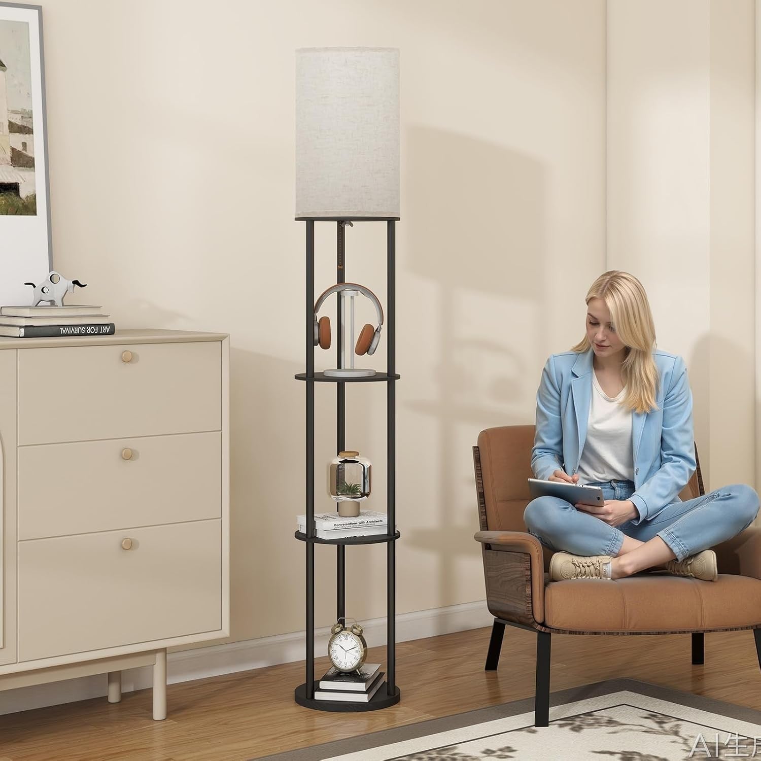 Floor Lamp with Shelves Tall Standing Light E27 Storage Display Lamp Black