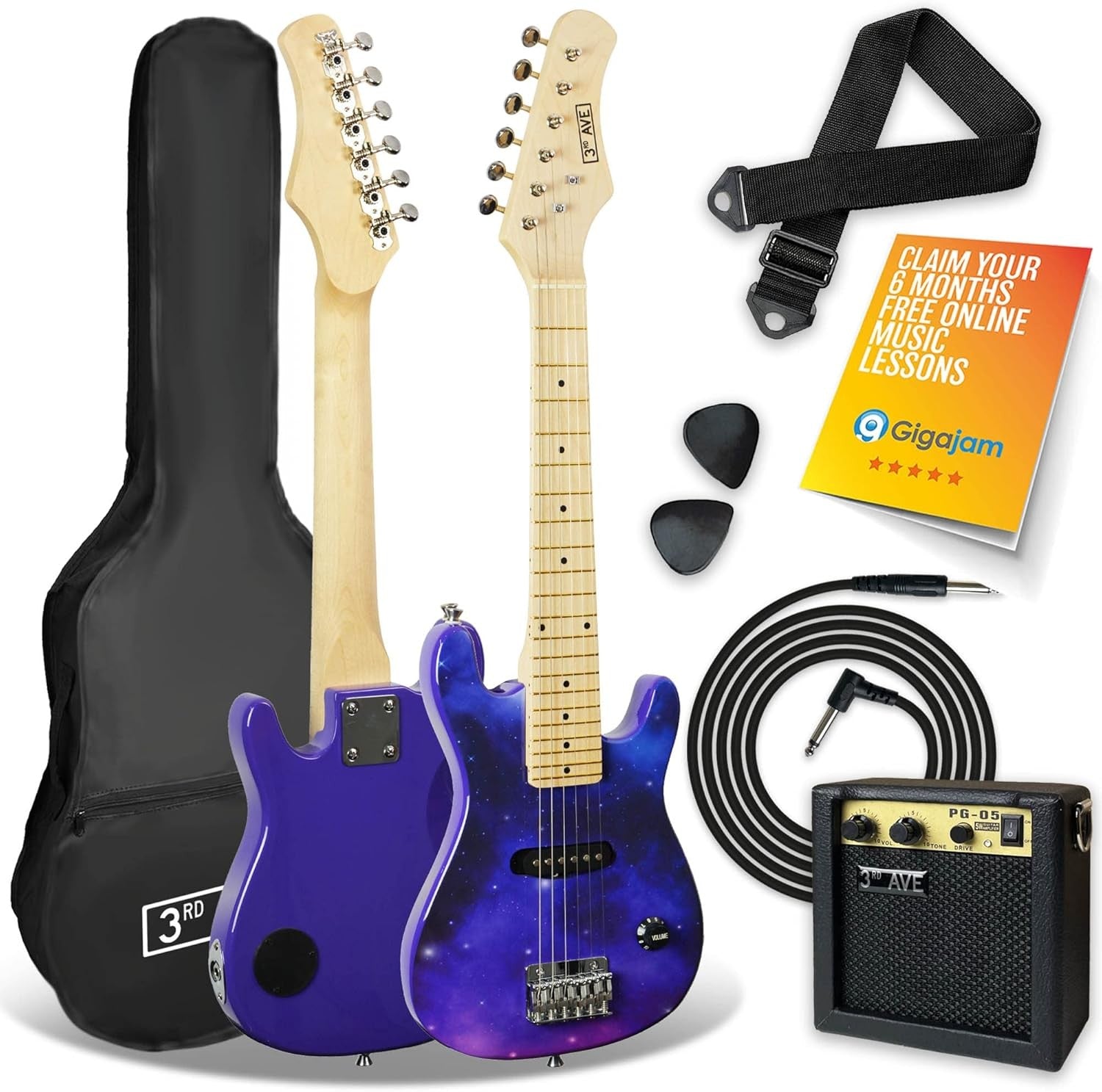 Kids 1/4 Size Electric Guitar Starter Pack Amp Bag Purple Galaxy