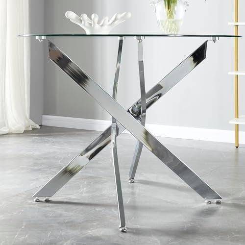 100cm Round Glass Dining Table with Silver Chrome Legs Kitchen Table