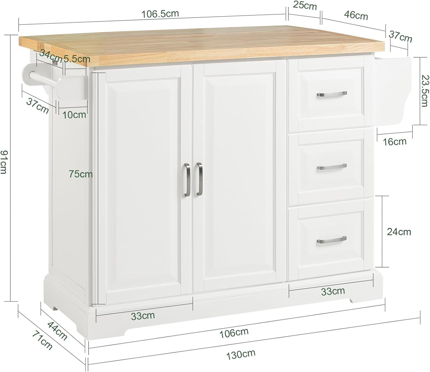 Extendable Kitchen Island on Wheels with Rubber Wood Worktop & Storage