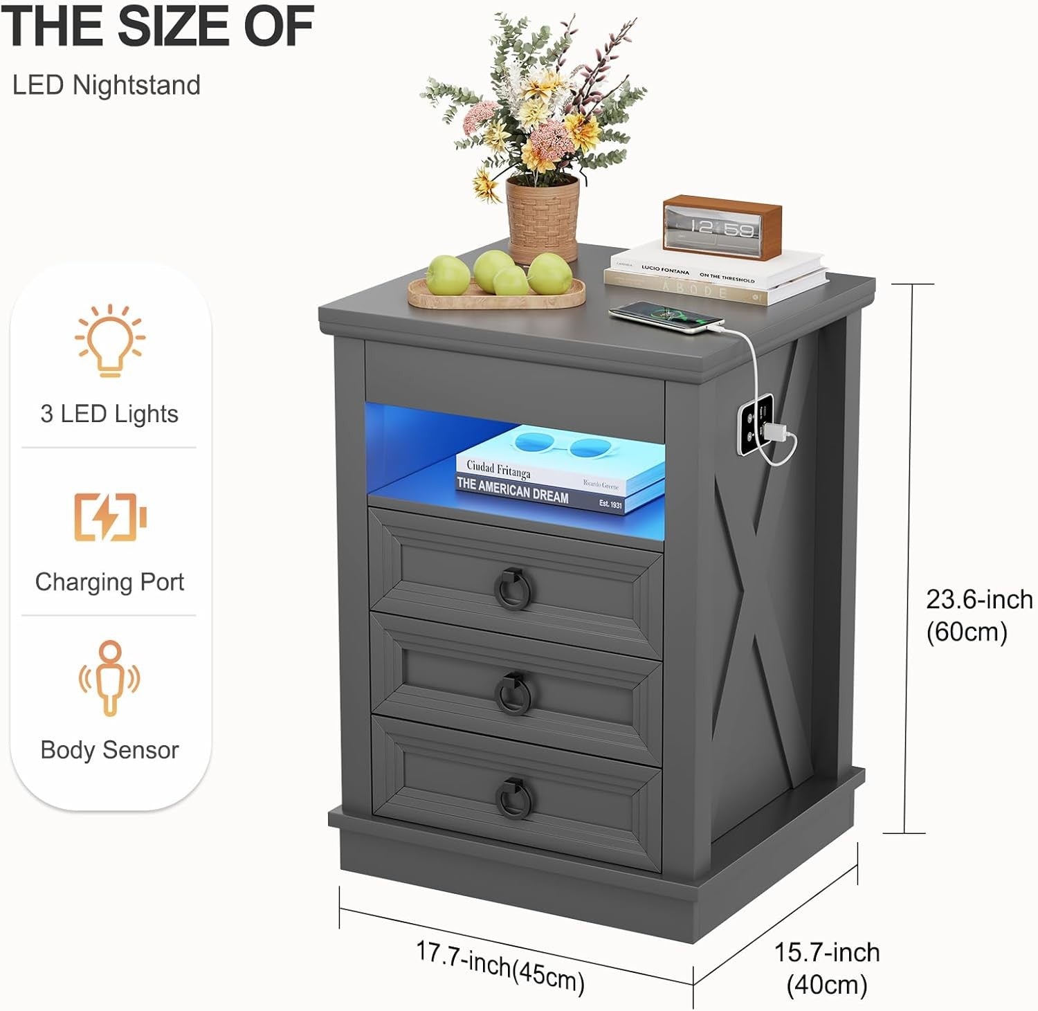 Grey Smart Bedside Table with Wireless Charging, LED Lights & 4 Drawer Storage