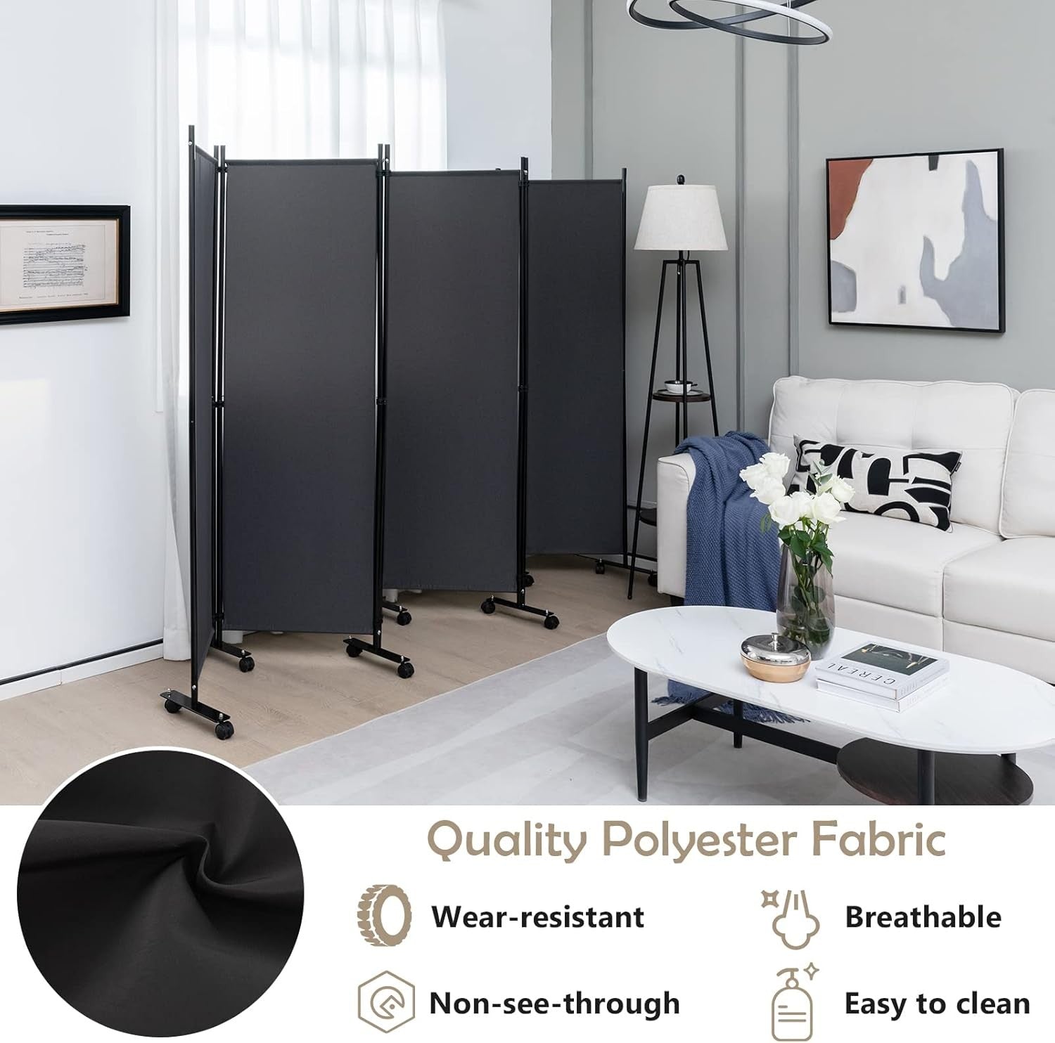6 Panel Grey Folding Room Divider Privacy Screen on Wheels for Home Office