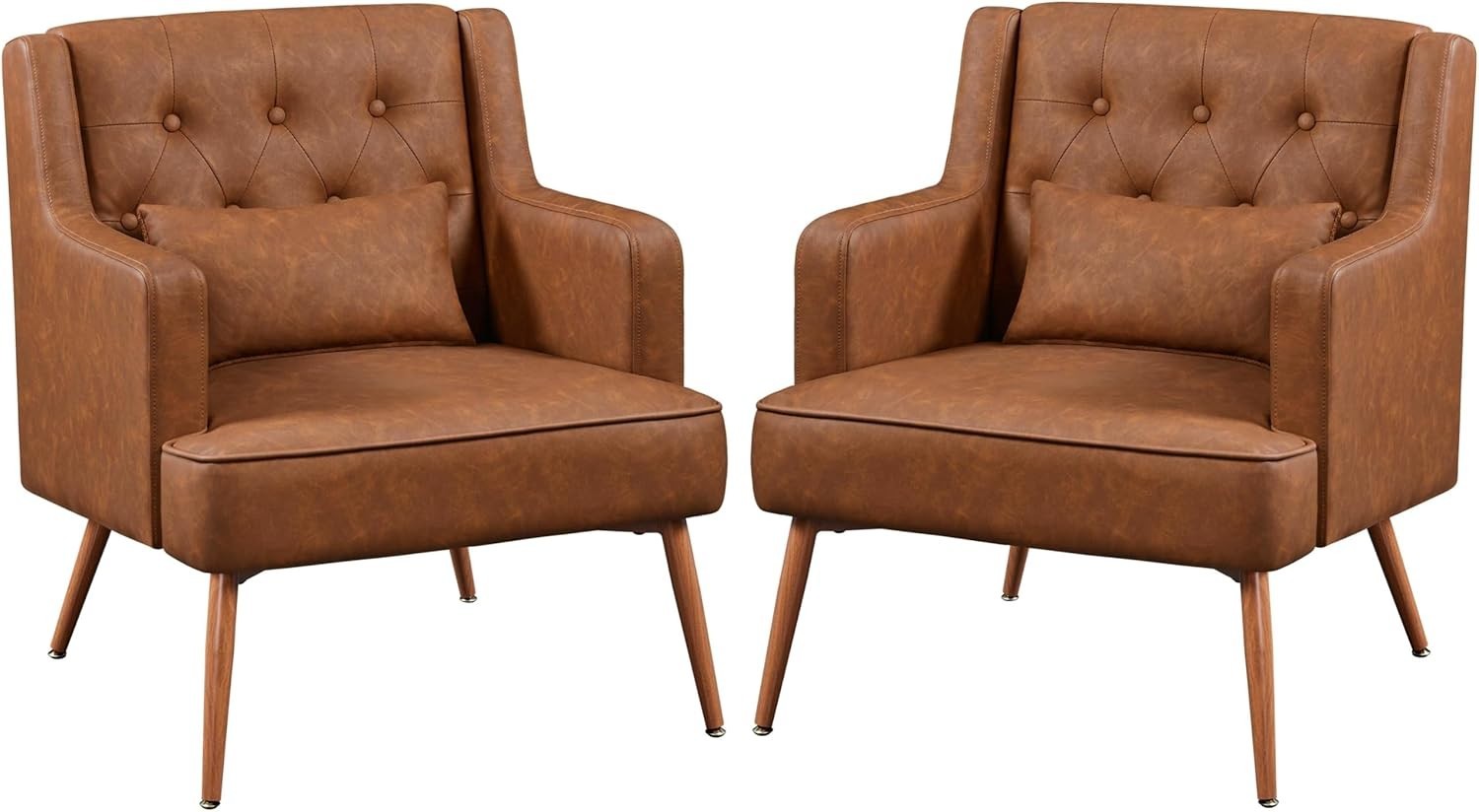 Brown Faux Leather Armchairs Set of 2 Lounge Chairs with Wood Legs