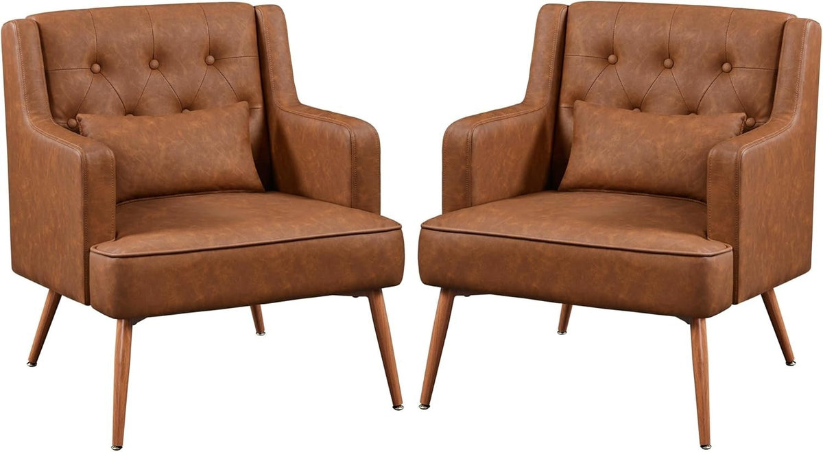 Brown Faux Leather Armchairs Set of 2 Lounge Chairs with Wood Legs