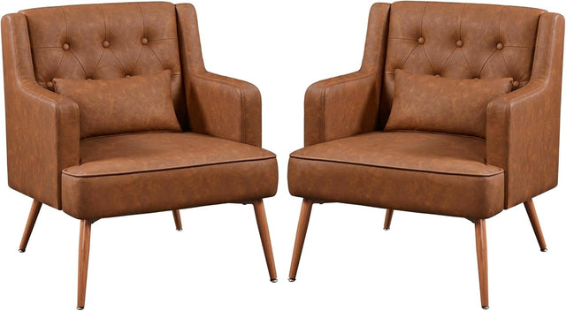Brown Faux Leather Armchairs Set of 2 Lounge Chairs with Wood Legs