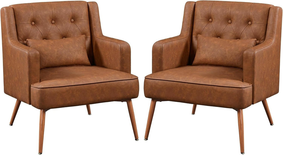 Brown Faux Leather Armchairs Set of 2 Lounge Chairs with Wood Legs