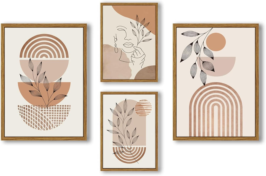 4Pcs Large Boho Canvas Wall Art – Neutral Tones Modern Abstract Framed Set