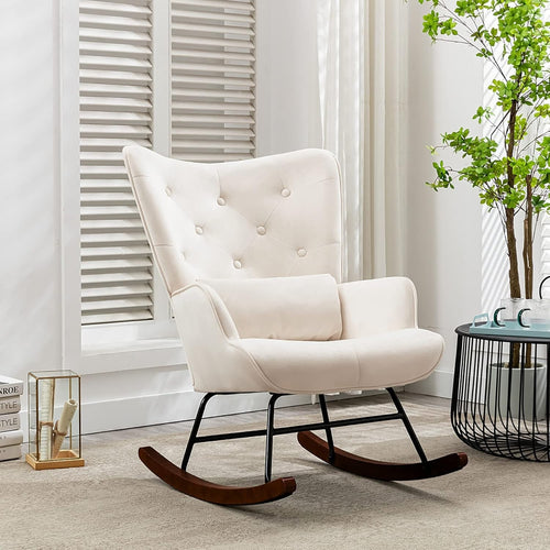 Velvet Rocking Chair for Nursery & Living Room – Soft Cushions, Wood Legs