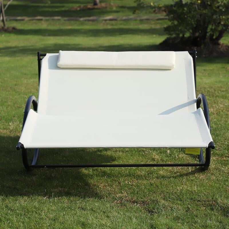 Double Hammock Sun Lounger Chair Garden Rocker with Pillow – Cream