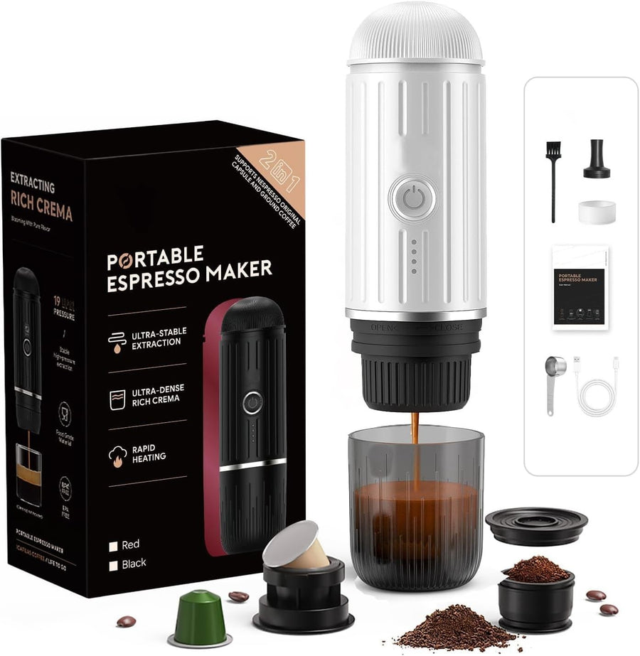 Portable 12V Espresso Maker Travel Coffee Machine 19Bar Self-Heating White Color