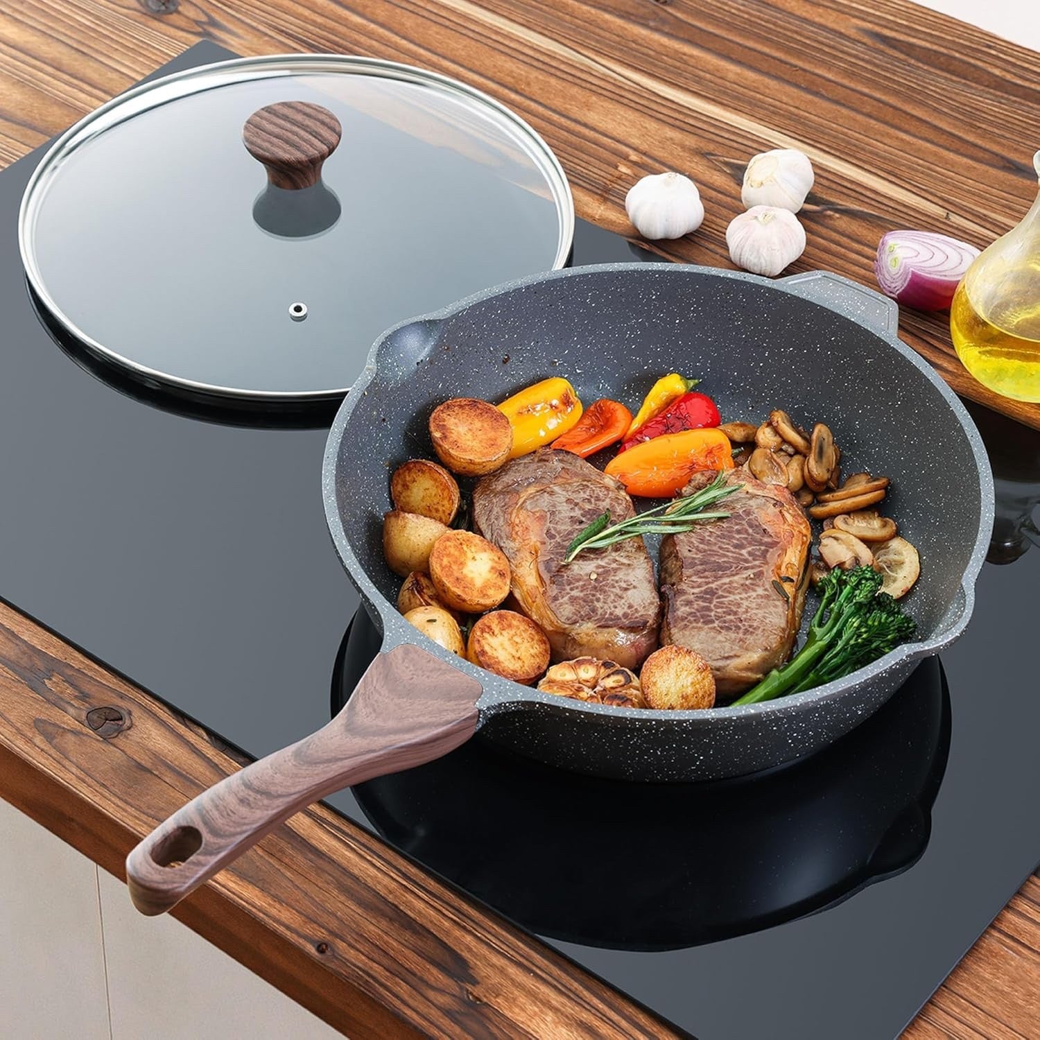 28cm Grey Deep Non stick Saute Pan with Lid 4.8 L  Skillet Induction Compatible