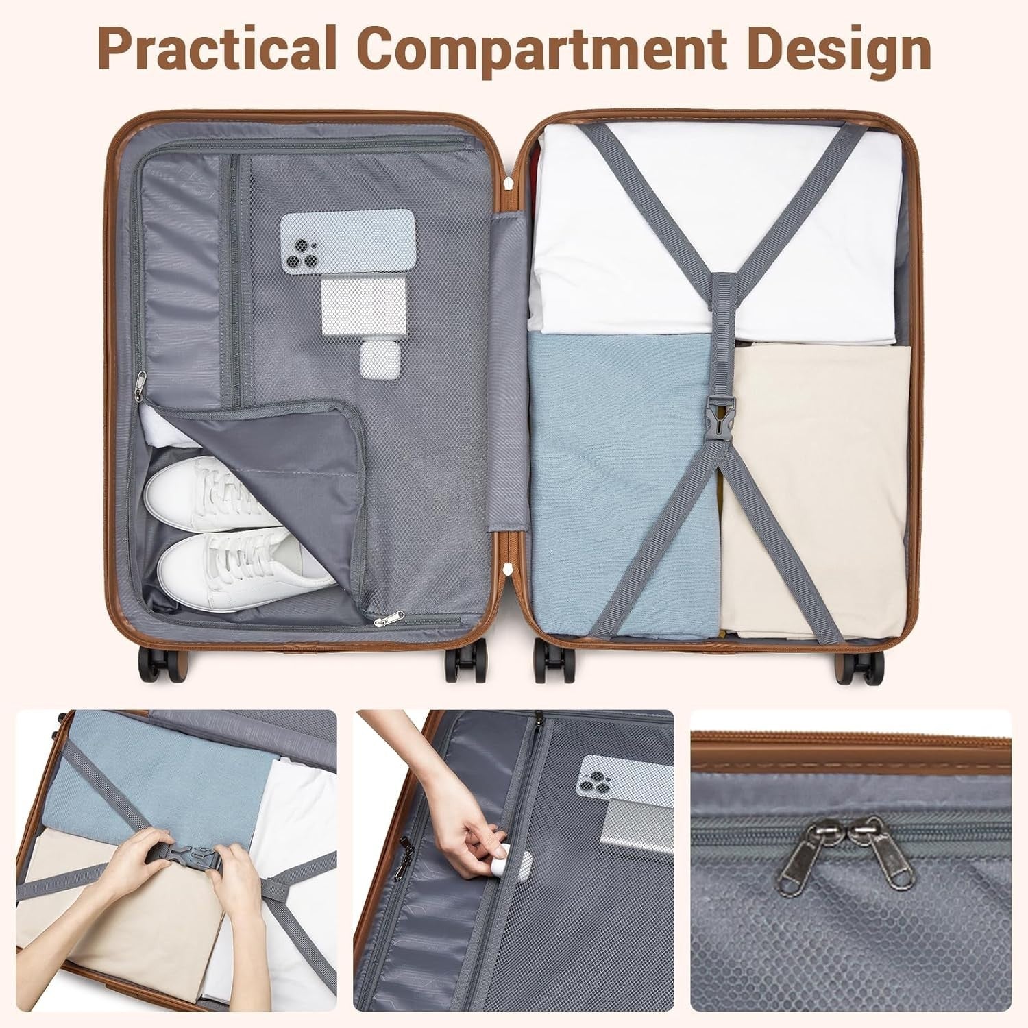 24'' Green Brown Check In Suitcase ABS PC Hard Shell Spinner Wheels Lock