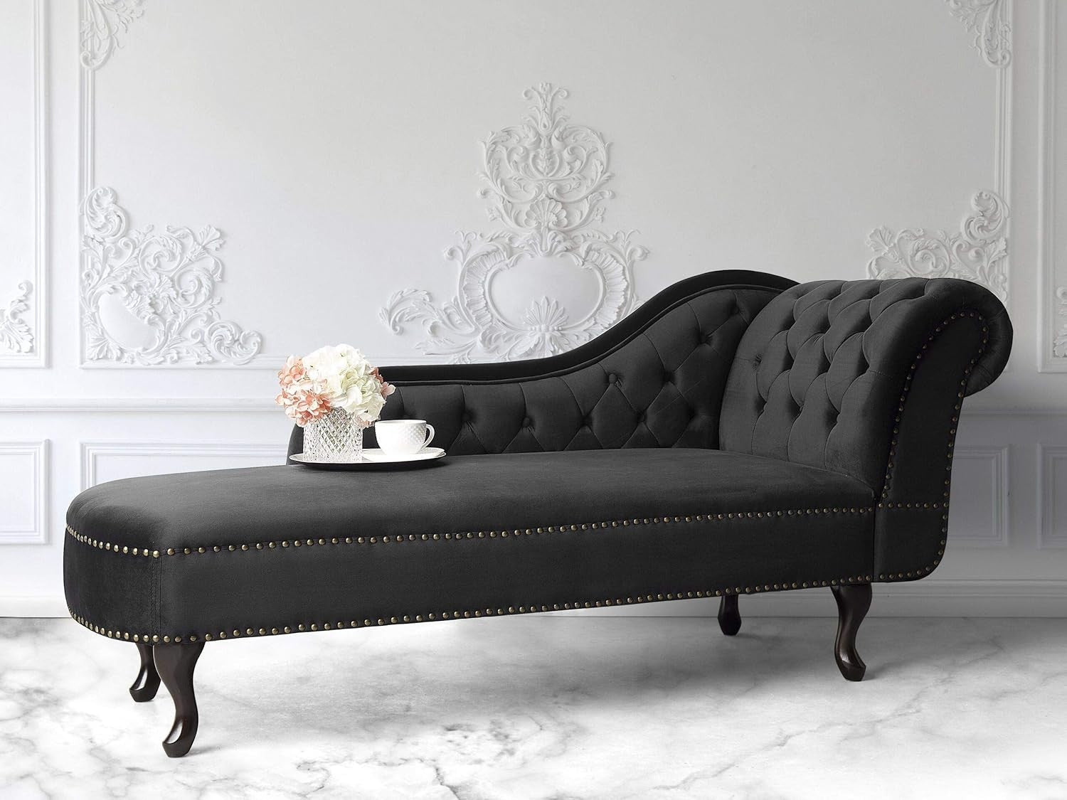 Luxury Velvet Chaise Lounge Black Right-Hand Tufted Sofa Bed 169cm Chesterfield