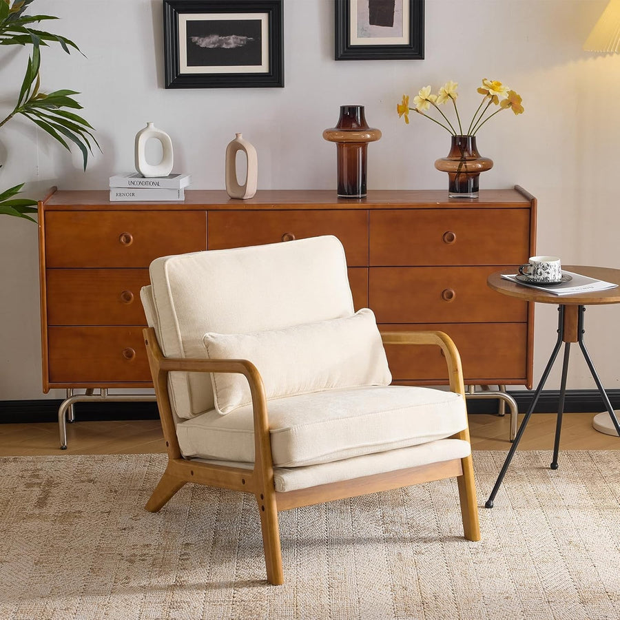 Beige Chenille Accent Armchair Solid Wood Lounge Chair w Cushion