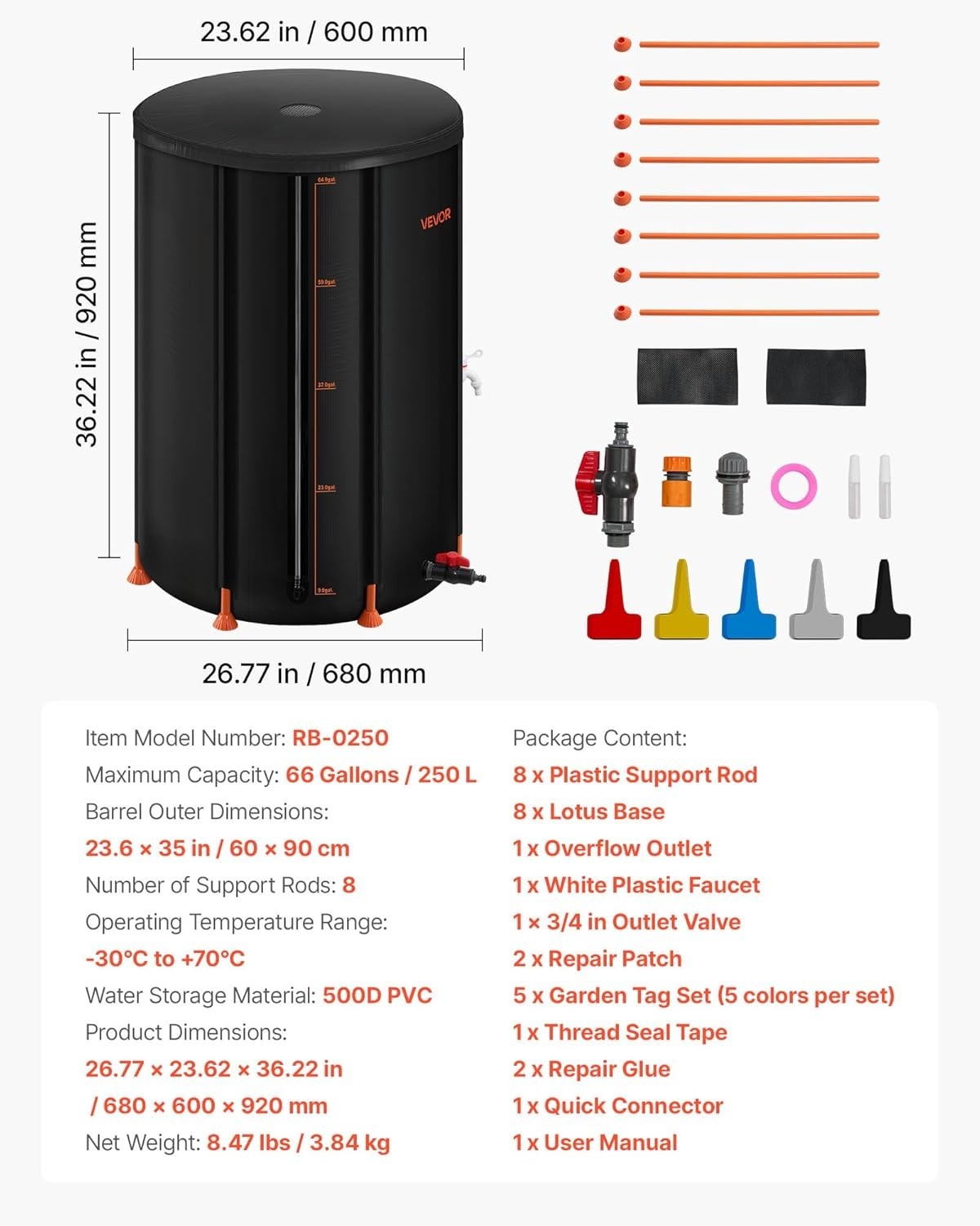 250L Collapsible Rain Barrel with Spigot Overflow Kit, Portable Water Collector
