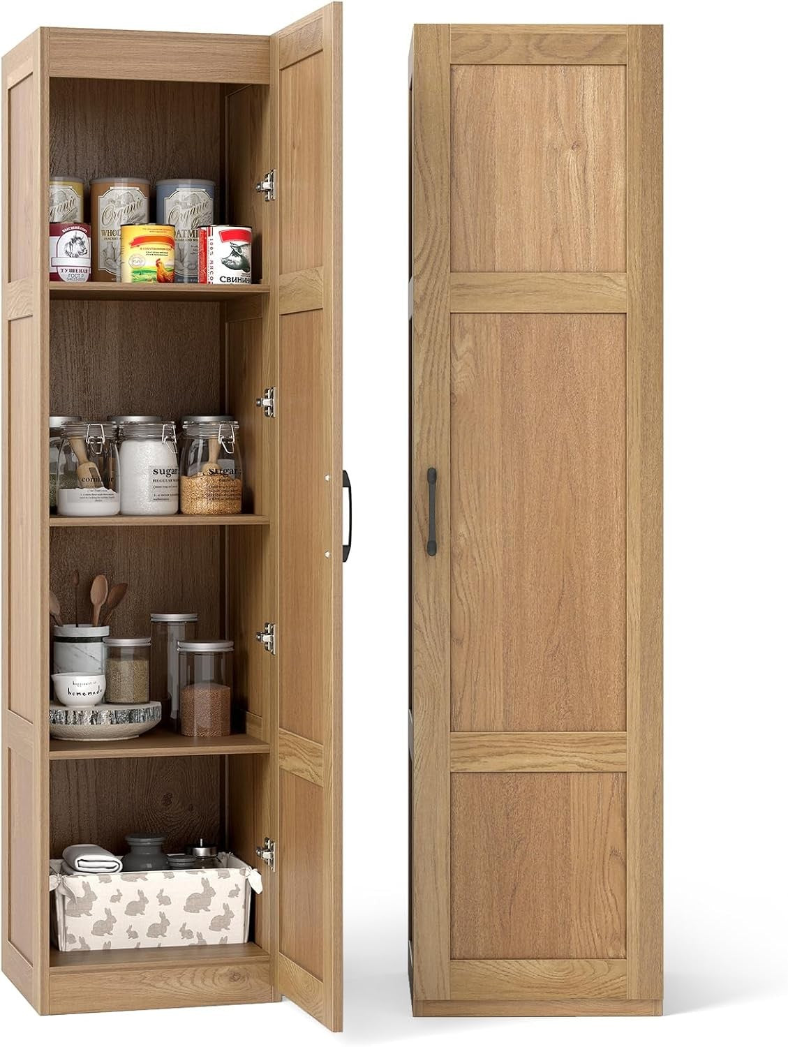 Tall Natural Wood Kitchen Cupboard 4 Tier Pantry Storage Cabinet Unit