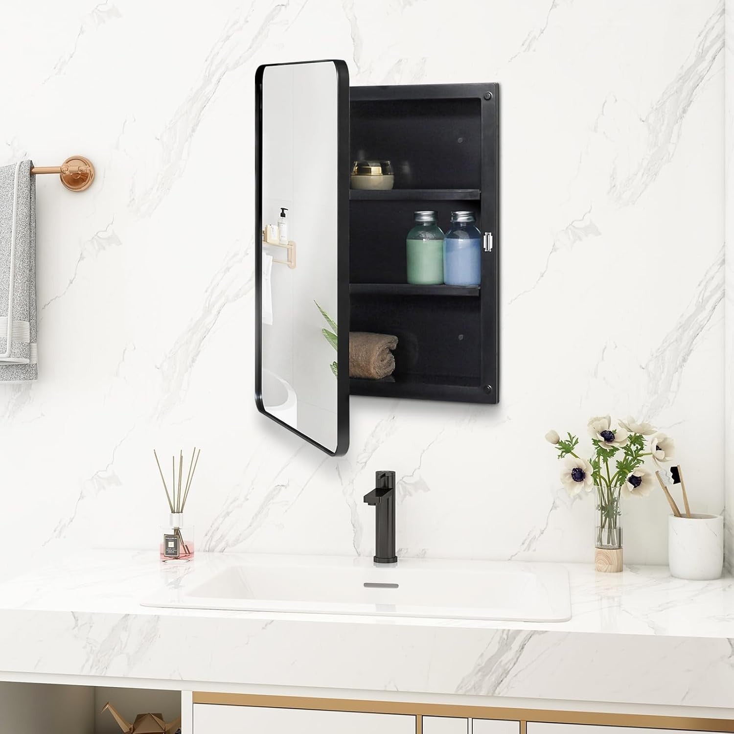 Wall-Mount Black Plastic Mirror Cabinet with Lockable Door & Adjustable Shelves