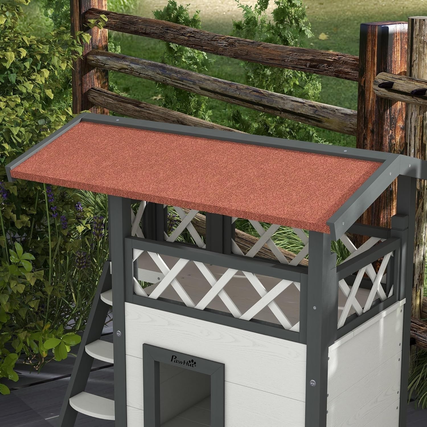 Outdoor Wooden Cat House with Balcony & Asphalt Roof, Weatherproof, White