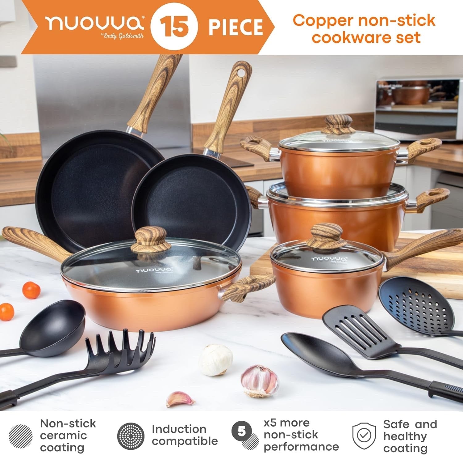 15pcs Luxury Copper Non Stick Cookware Set – Induction Pots & Pans with Lids