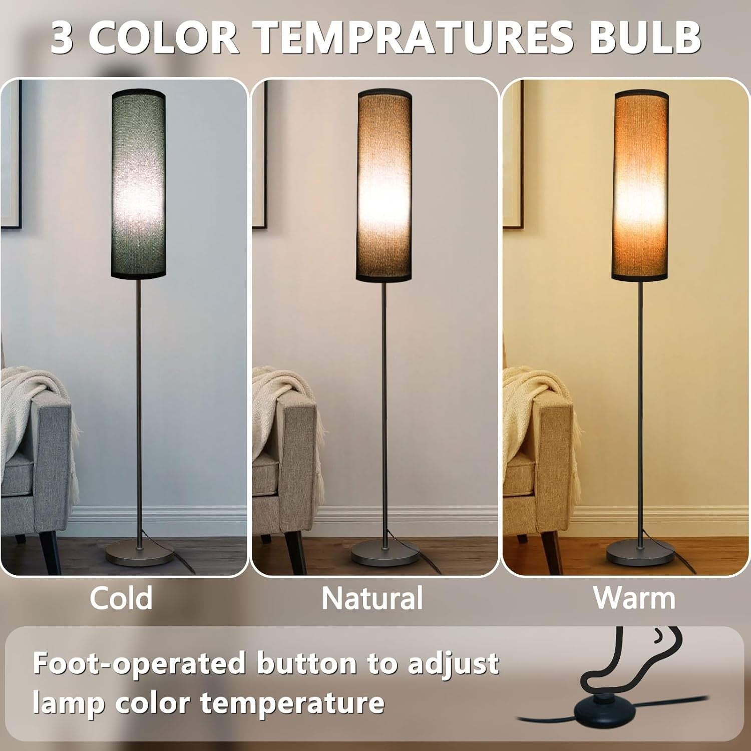 Tall Floor Lamp Black Fabric Shade 68in Standing Light Foot Switch