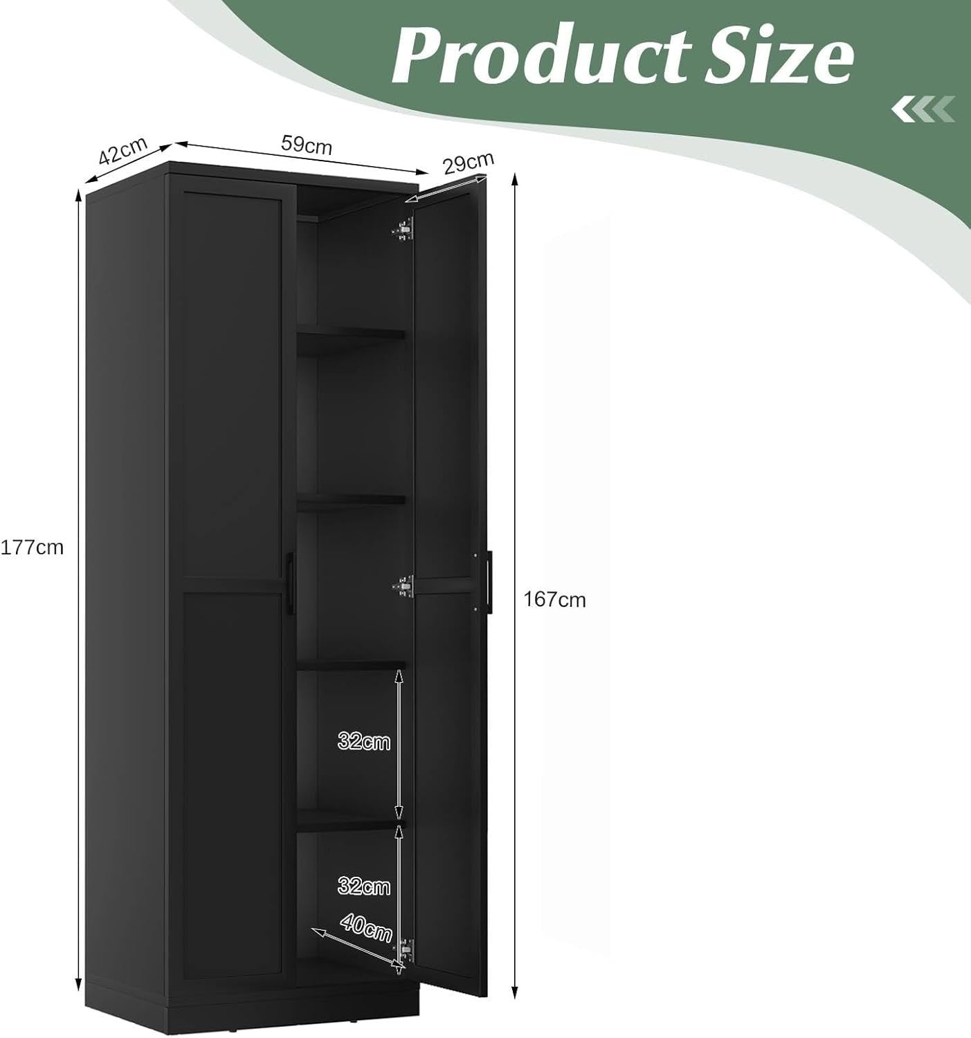 Tall Kitchen Cupboard 5-Tier Storage Cabinet 2 Doors Black