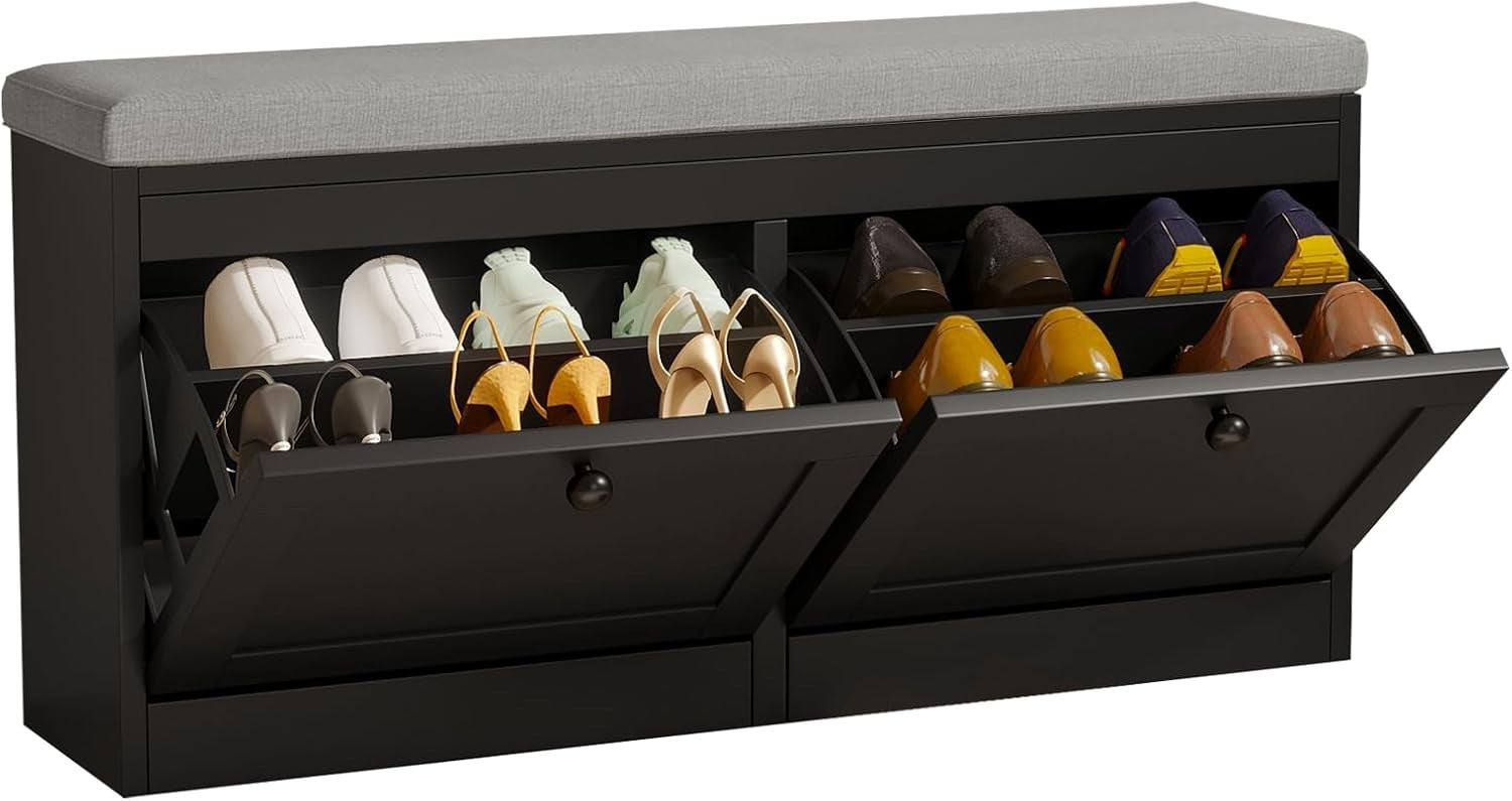 Black Flip Drawer Shoe Storage Bench with Padded Seat & Adjustable Shelves