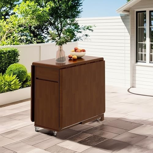 Space Saving Foldable Dining Table on Wheels Solid Wood Extending Kitchen Table