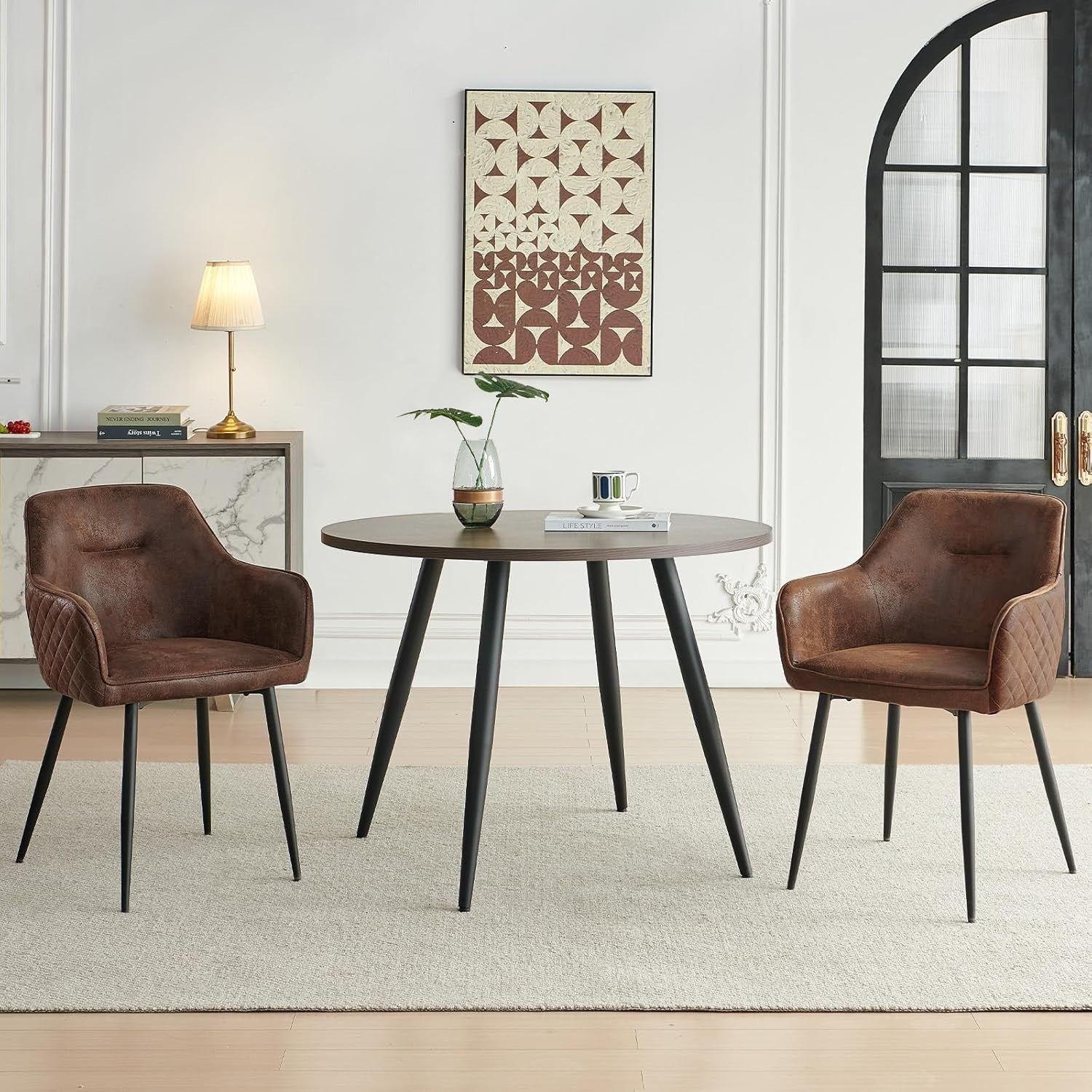 Modern Round Dining Table Set 2 Faux Suede Chairs Kitchen & Office Use