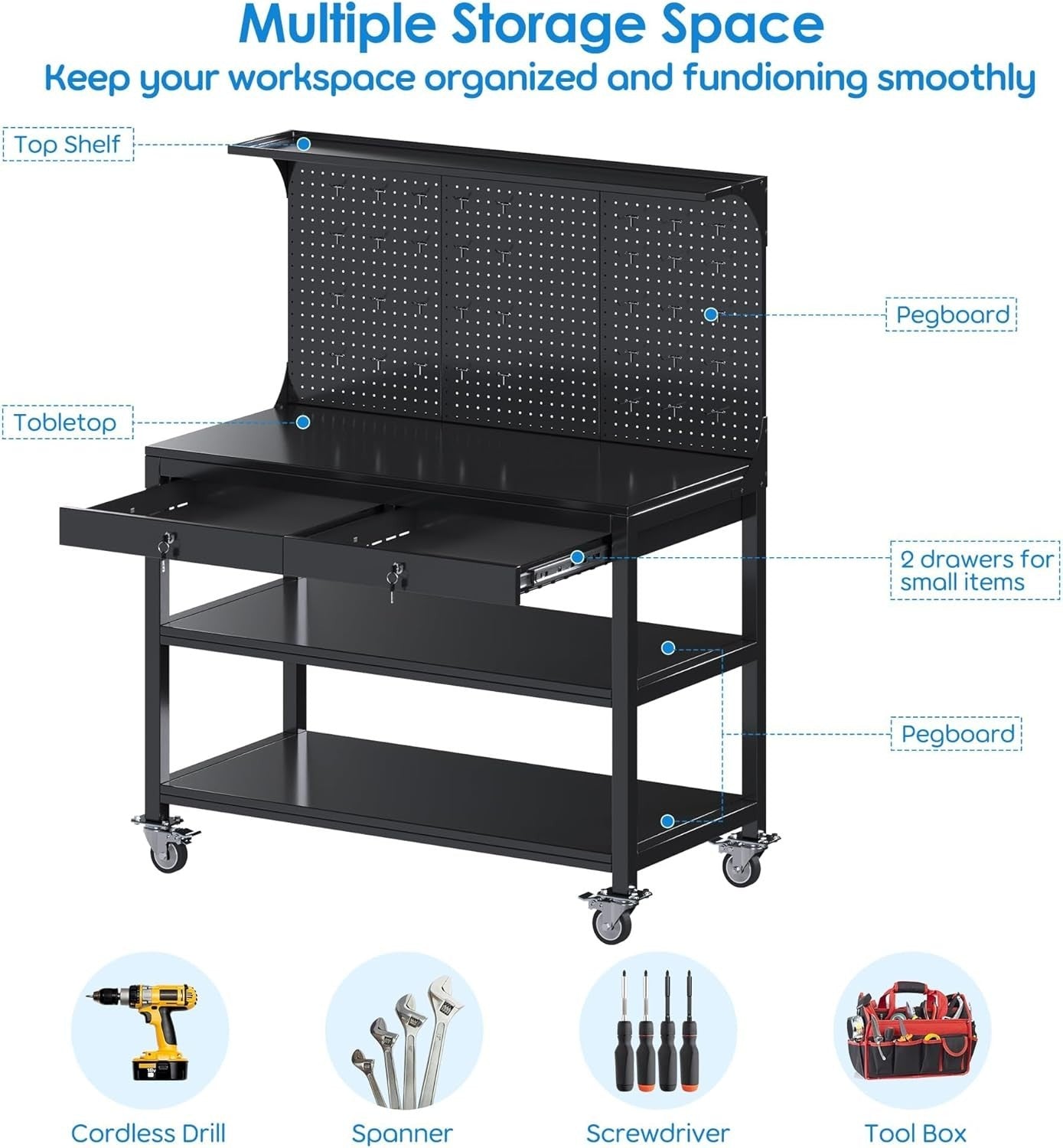 Mobile Heavy Duty Workbench 500kg Pegboard Wheels Lockable Drawers 1500x1000mm