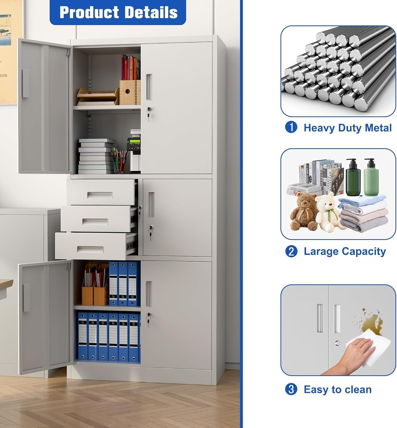 White Metal Storage Cabinet 5 Door 3 Drawer Lockable Steel Cupboard 180cm