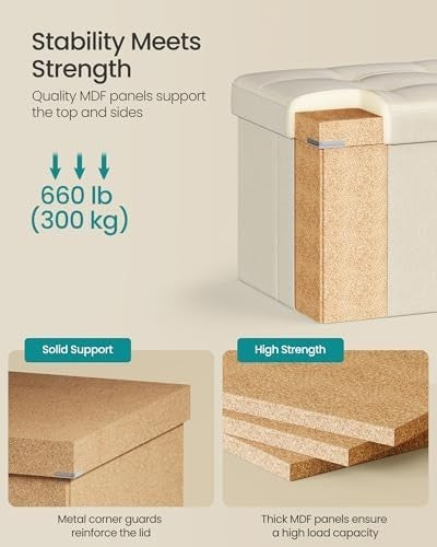 Cream White Storage Ottoman Bench 110cm Folding Seat Footstool End-of-Bed