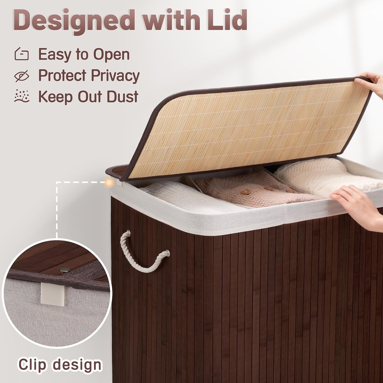 150L Large Bamboo Laundry Hamper 3-Section Basket w/ Lid & Handles | Bedroom Bat