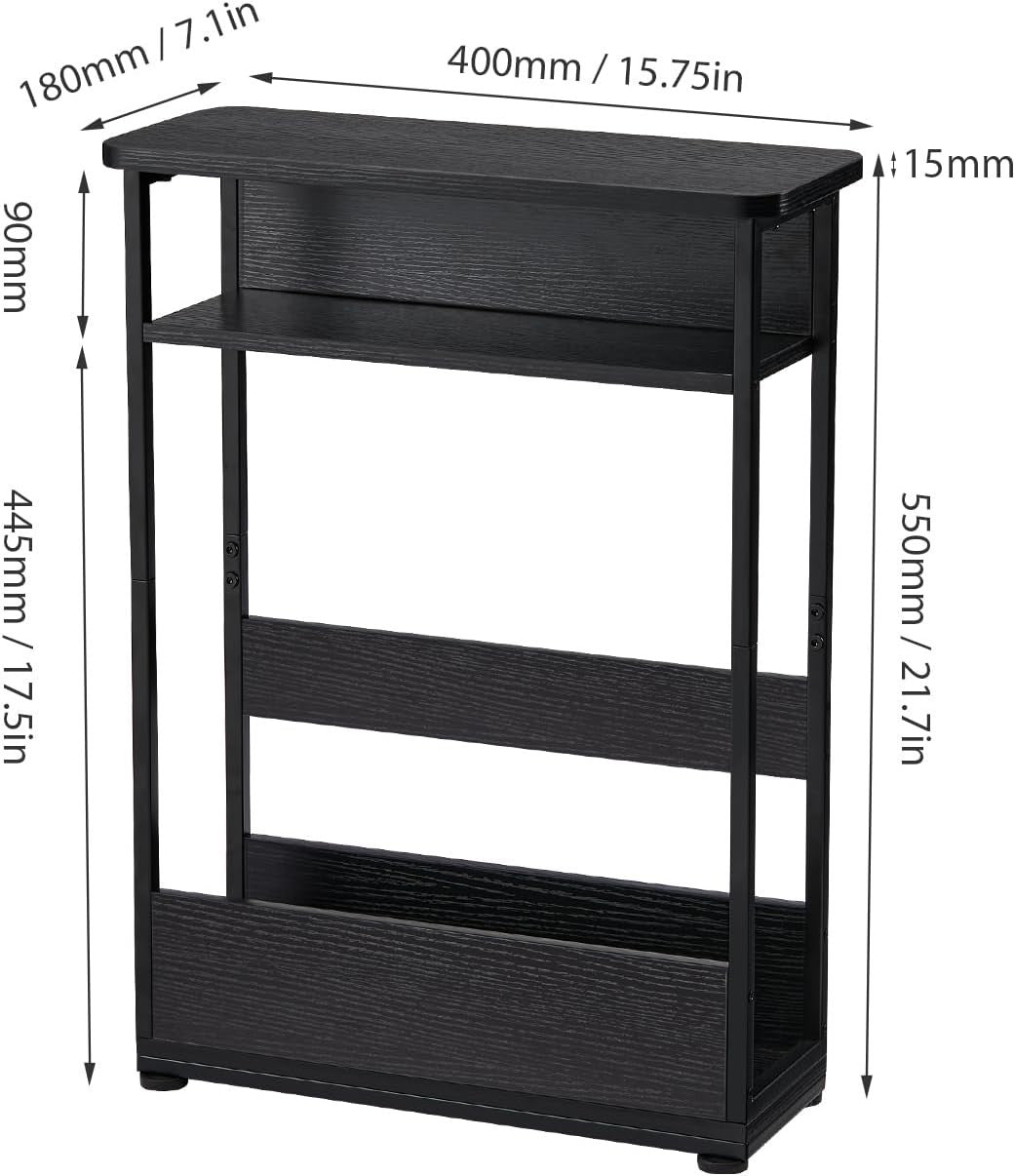 Slim Black Side Table for Small Spaces – 3-Tier Storage Bedside Unit 55cm