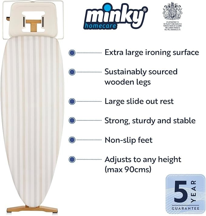 Extra Wide Ironing Board 130x47cm Adjustable Height Wooden Frame Foldable