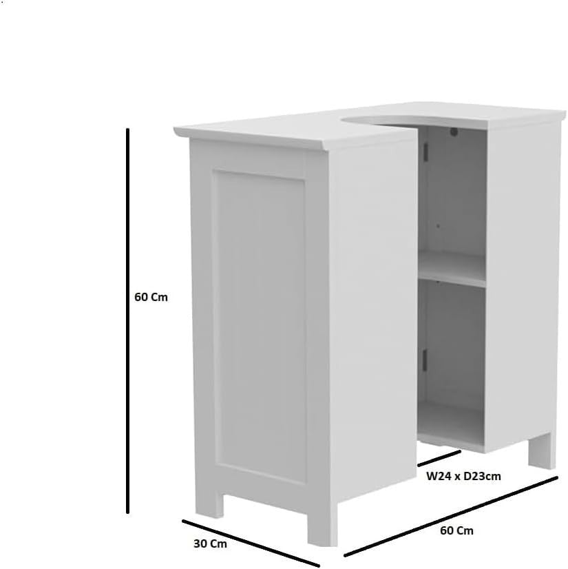 White Under Sink Bathroom Cabinet with Doors & Shelf Storage 60x30x60cm