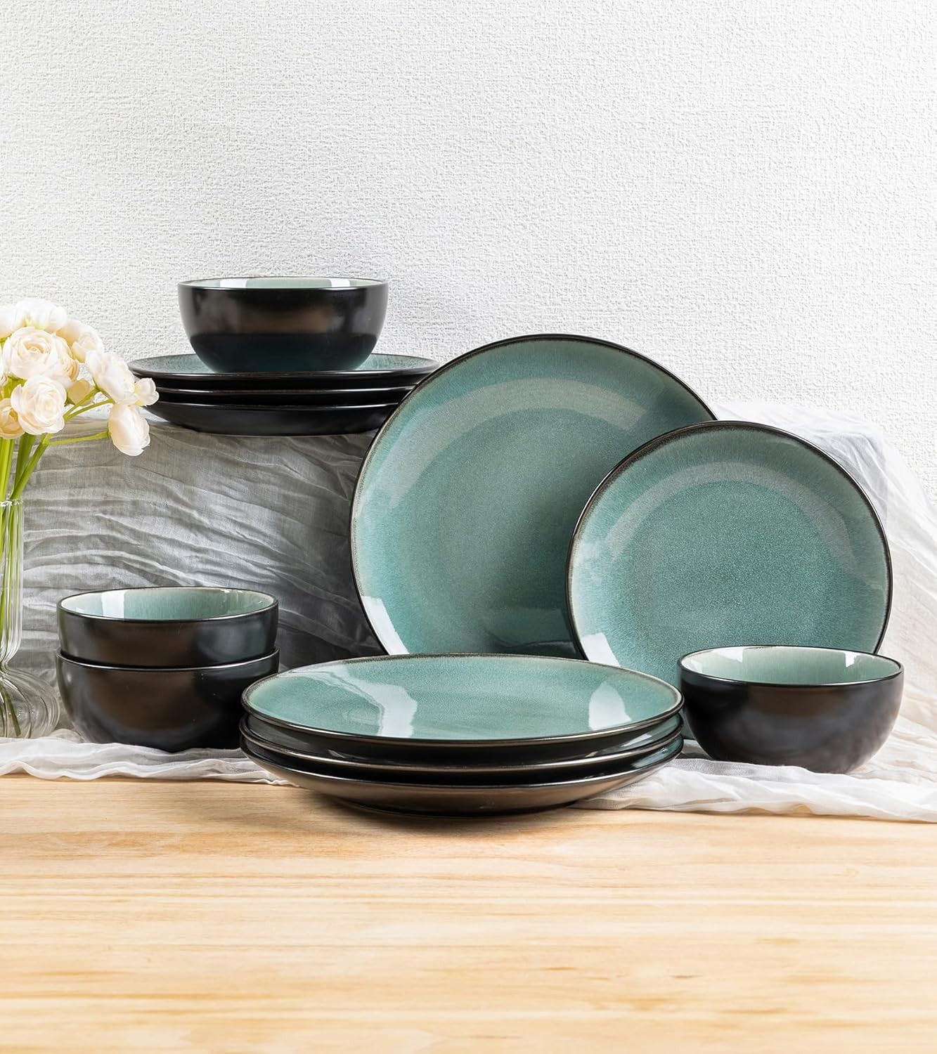 12pc Stoneware Dinner Set for 4 Plates Bowls Scratch Resistant Dishwasher Safe