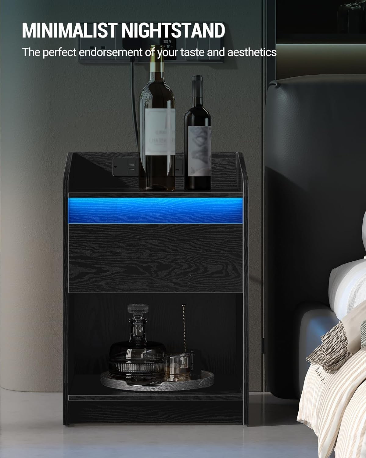 Set of 2 LED Bedside Tables with Charging Ports – Modern Nightstands with Drawer